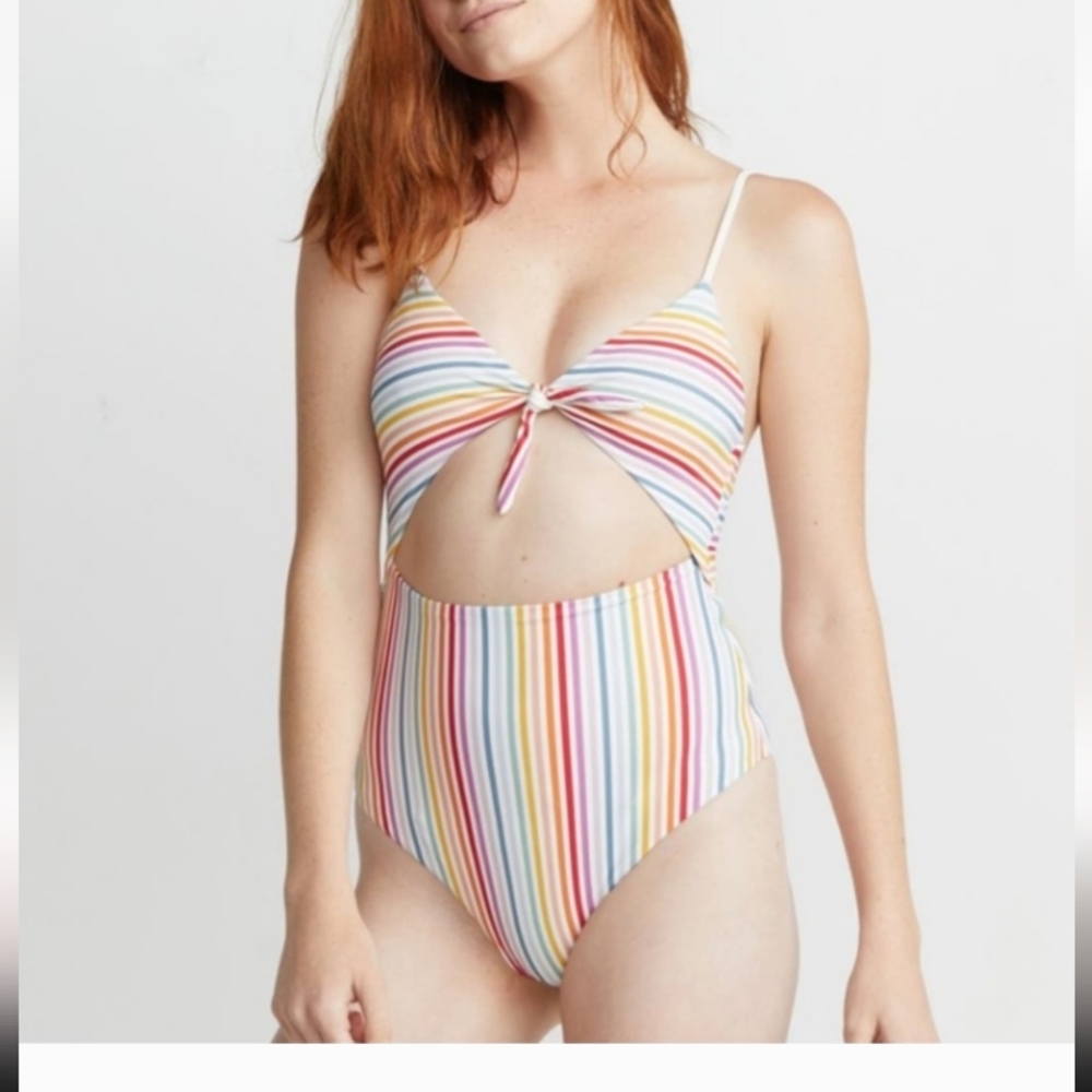Marine Layer Swim Amli Tie Front Rainbow Pride Stripe One Piece Swimsuit LARGE